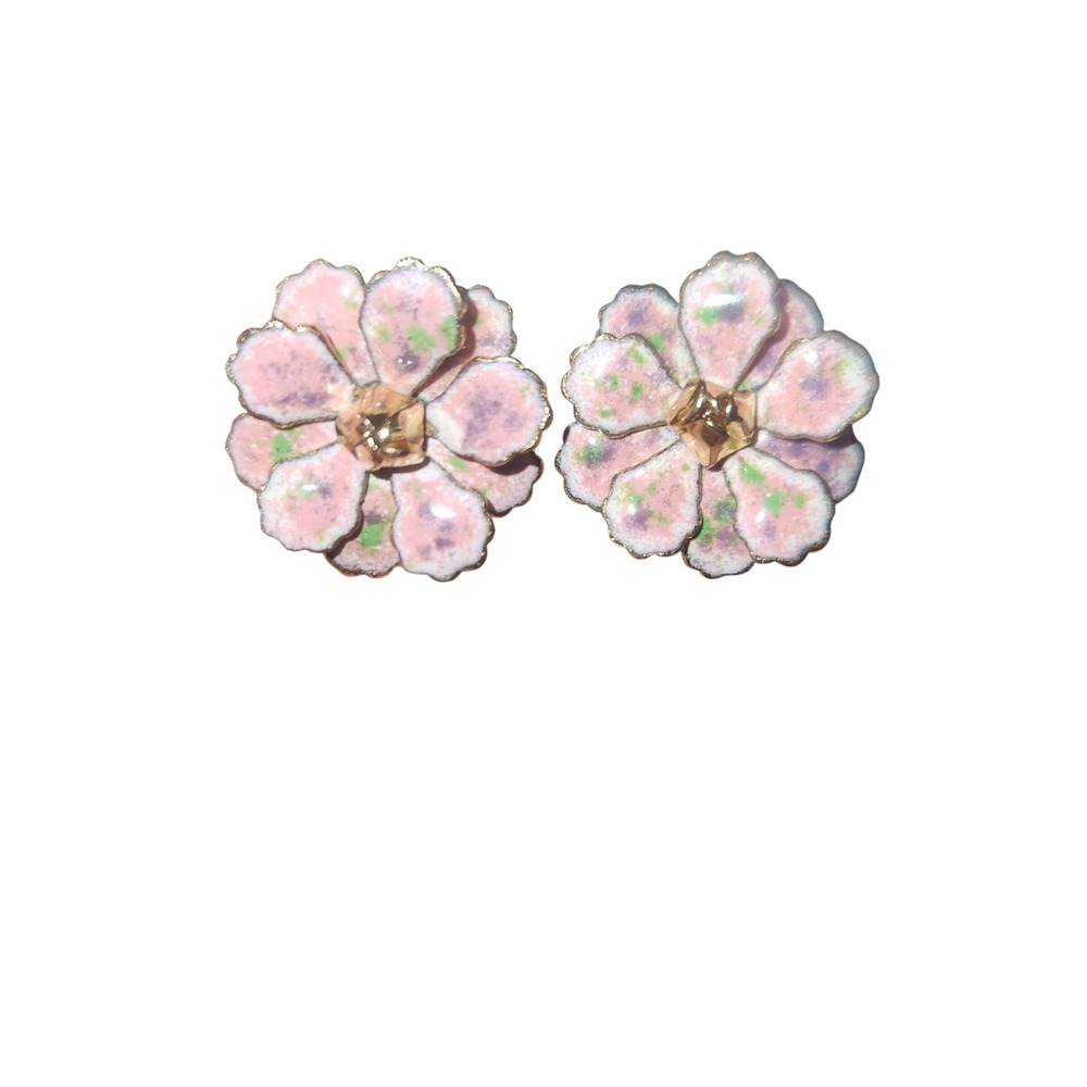 Vintage Floral Clip On Earrings Pink Green Enamel Gold Tone Flower‎ Studs 0.75"